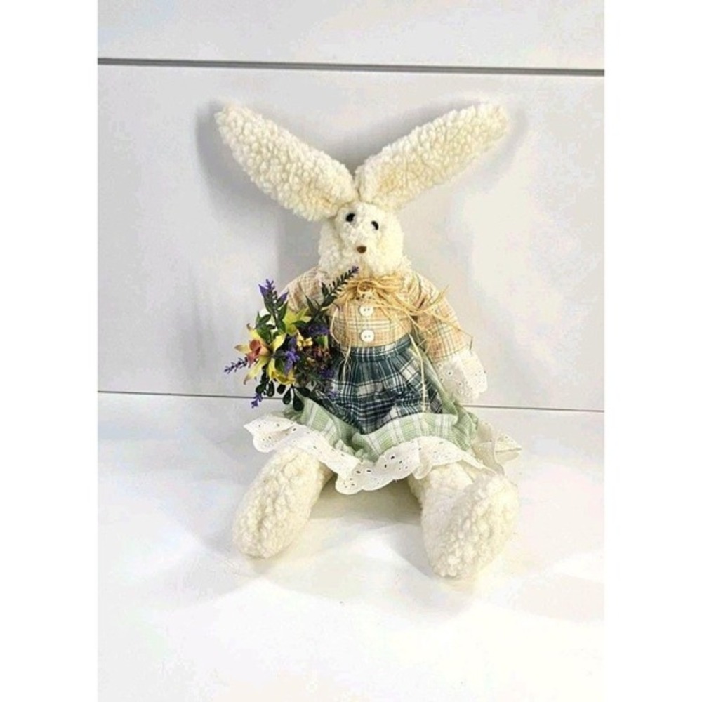 Vtg Handmade Cottagecore 18" Stuffed Plush Bunny Rabbit Gardener w Apron Flowers